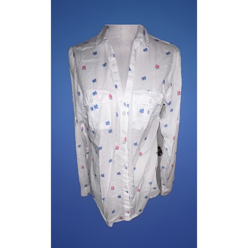 Columbia PFG White Blue Pink Long Sleeve Button Front Women's Size M Shirt